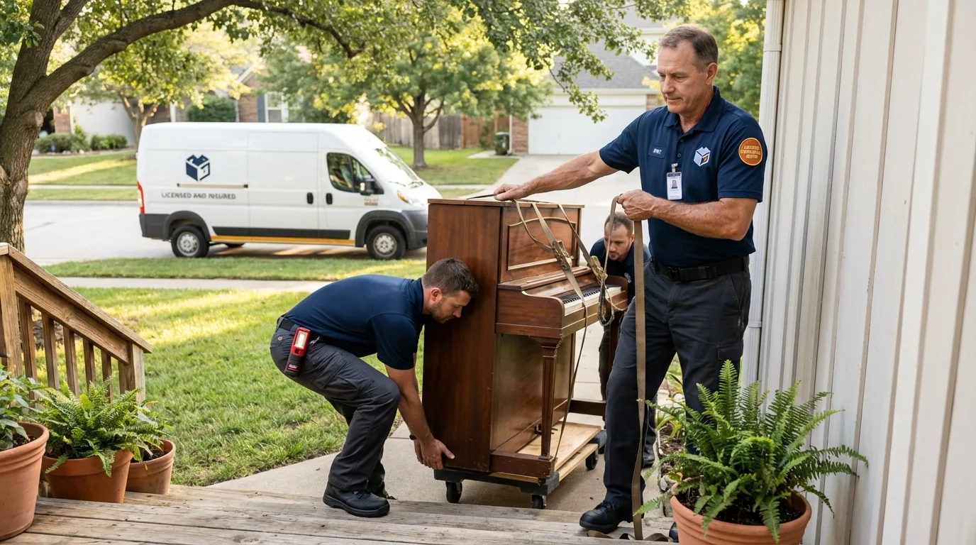 Licensed piano movers securing grand piano in Saint Anthony, ID