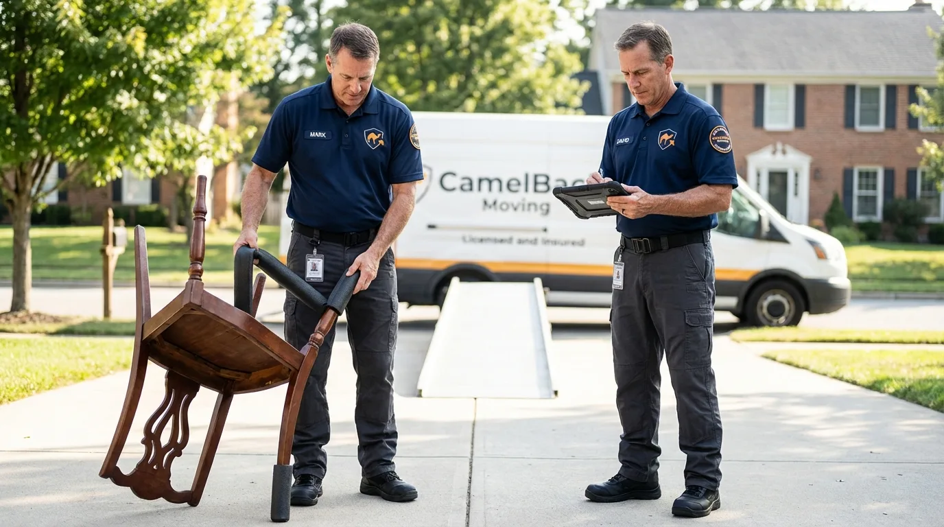 Movers inspecting furniture for damage prevention before loading in Saint Anthony, ID