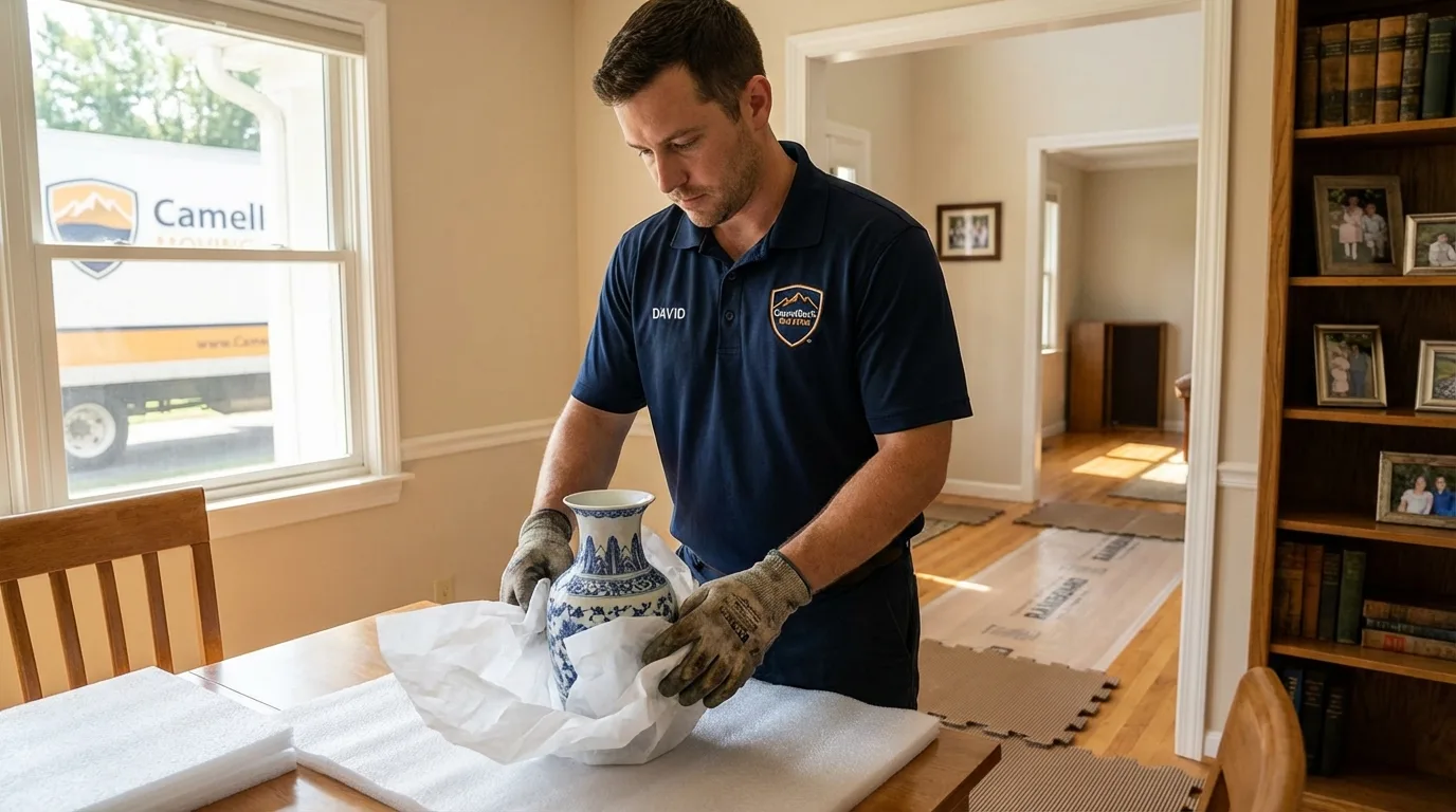 Professional crew carefully wrapping antique vase for senior downsizing move in Saint Anthony, ID